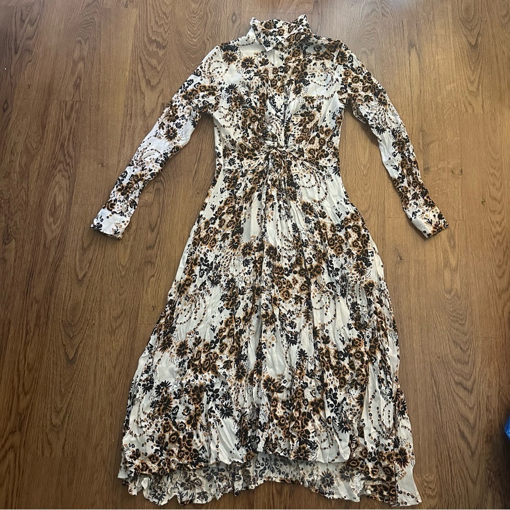 Free People brown cream Floral Long Sleeve Dress midi size 2 front twist